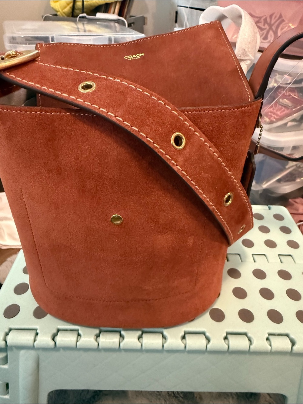 Coach Suede Bucket Satchel in Rust